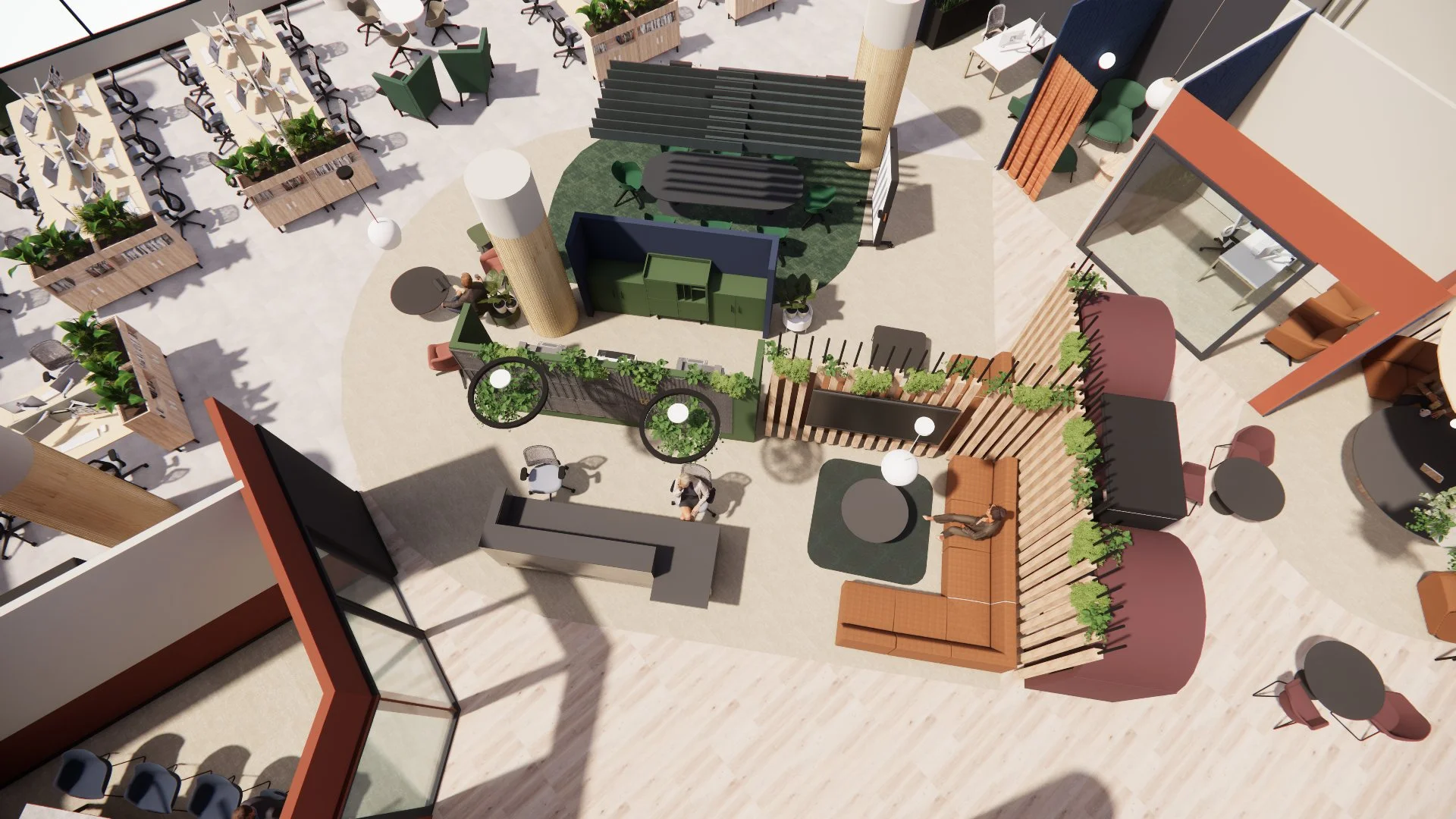 A top-down view of a modern office lounge area featuring various seating options, small tables, indoor plants, and a designated work space with desks and chairs. The space is decorated with greenery, wood accents, and ambient lighting.