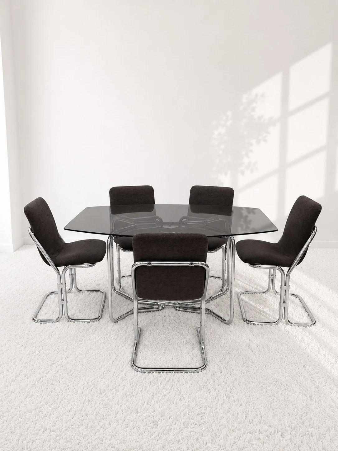 Mesa comedor con estructura tubular doble cromada. 70s