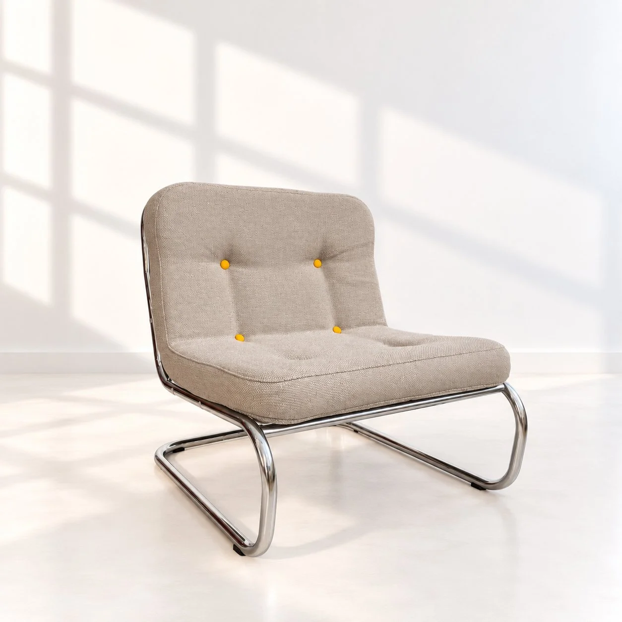 Butaca modular Norma Europ

A&ntilde;o: D&eacute;cada de los 70
Pa&iacute;s: Espa&ntilde;a
Dise&ntilde;o: Norma Europ. Una butaca de estructura tubular cromada y asiento suspendido mediante tirantes vistos, creando ese caracter&iacute;stico efecto &l
