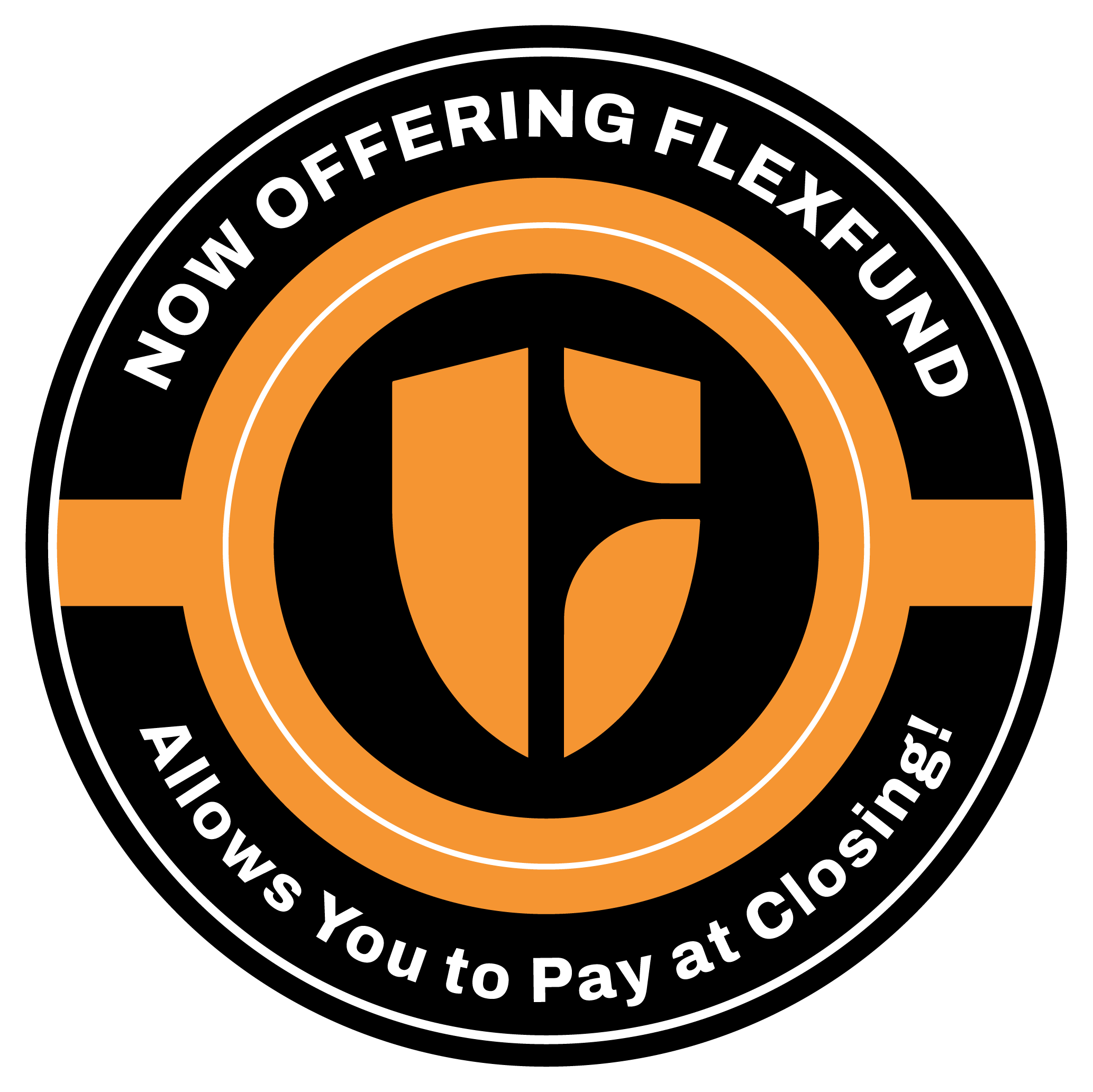 Parking permit with orange and black design, featuring a stylized leaf or shield in the center. Text around the permit reads 'Now Offering FlexFund' at the top and 'Allowing You to Pay at Closing!' at the bottom.