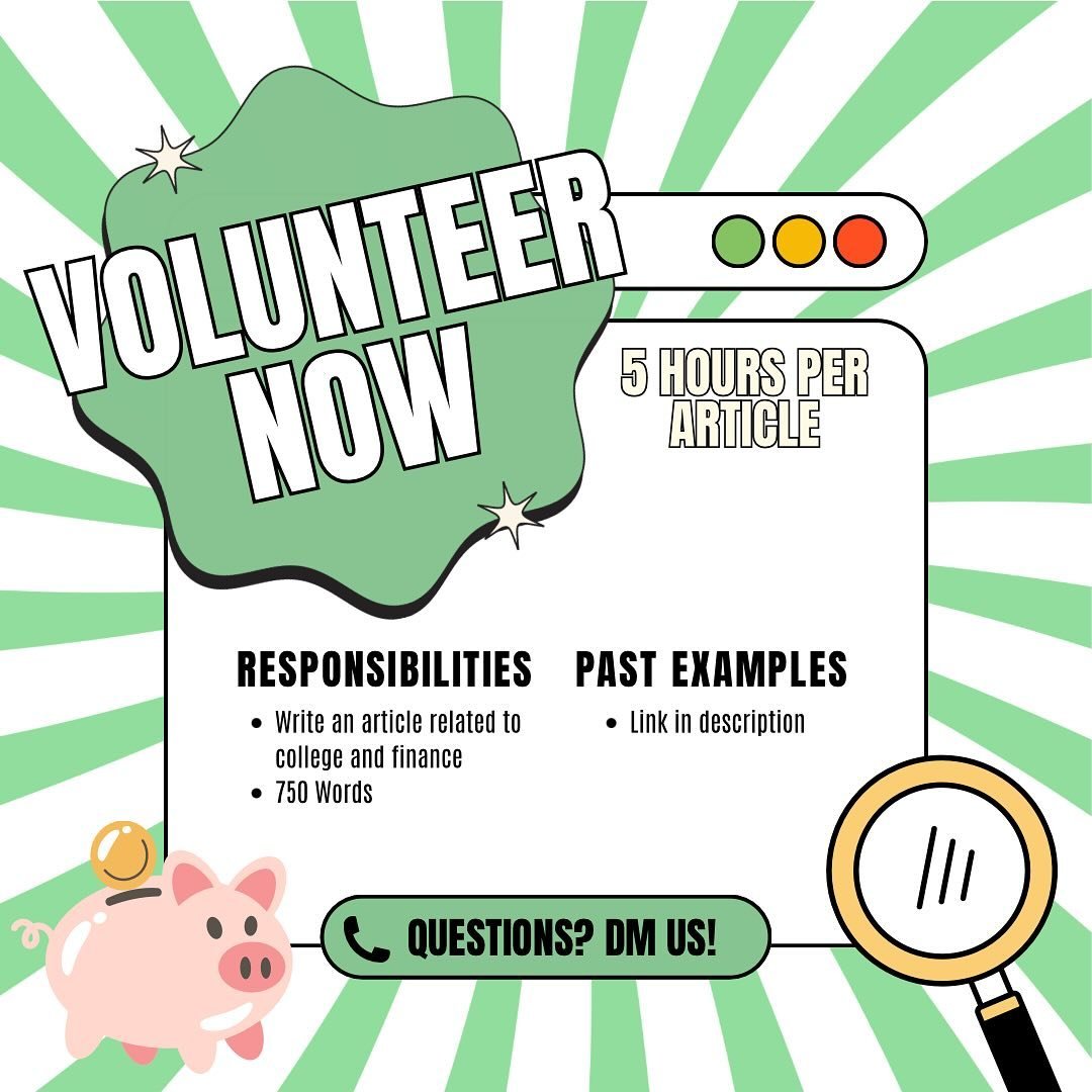 We are looking for volunteers! DM us if you have any questions!

Volunteer Enrollment: https://docs.google.com/forms/d/e/1FAIpQLSdfKBm8oHg1WfgHLWnnqOTsBJJXTWSha9DyDdftrEWEtKldTA/viewform?usp=dialog

Examples: https://financingourfutures.medium.com/