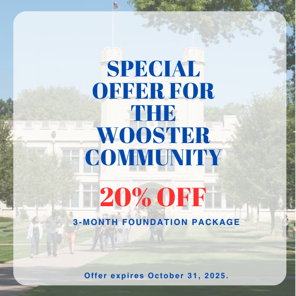 A promotional flyer for a 3-month foundation package offering a 20% discount to the Wooster community, valid until October 31, 2025.