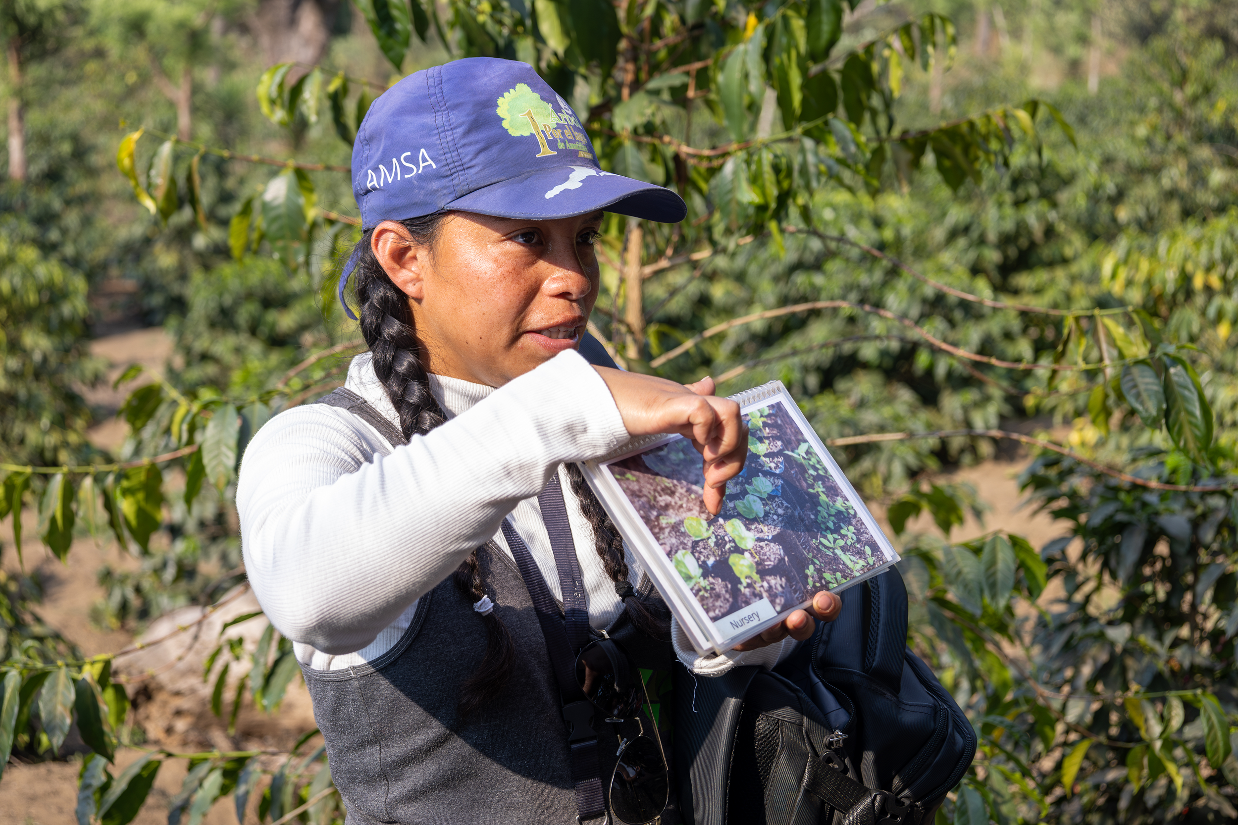A woman with a braided hairstyle wearing a blue cap and gray vest holding a photo identification card showing seedlings, standing in a farm or garden with green plants in the background.