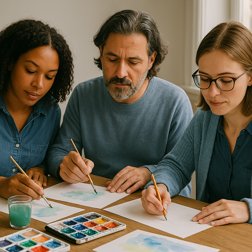 Three people painting with watercolor on paper at a table, using paintbrushes, wearing casual blue clothing. A watercolor palette and a cup are also visible.