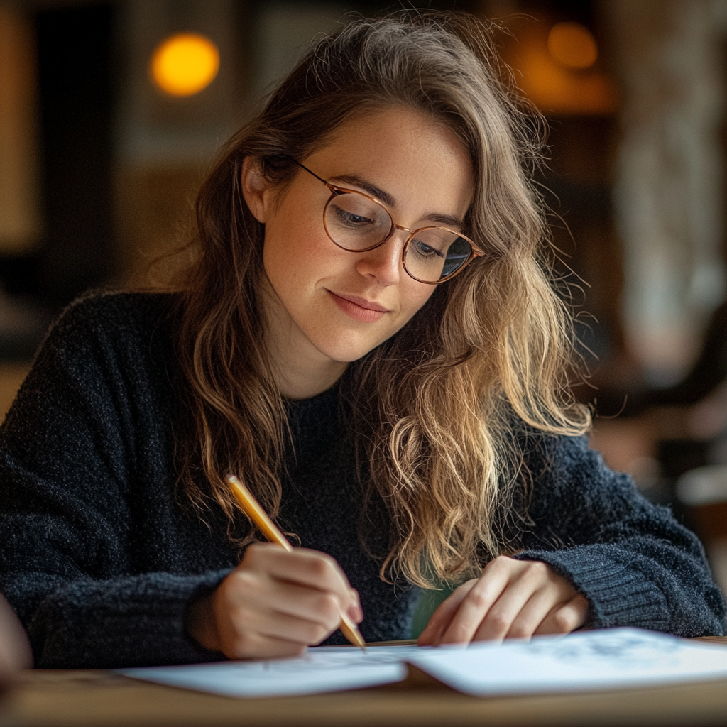 Person with glasses writing at a table, wearing a dark sweater in a cozy, dimly lit setting.