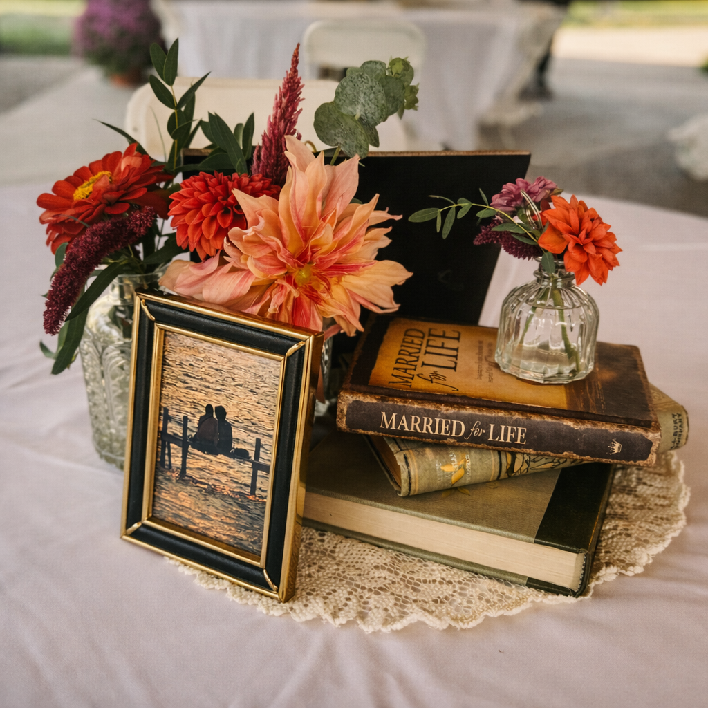 A floral arrangement with pink, orange, and purple flowers in glass vases, a picture frame with a silhouette of two people at sunset, and antique books on a lace tablecloth.