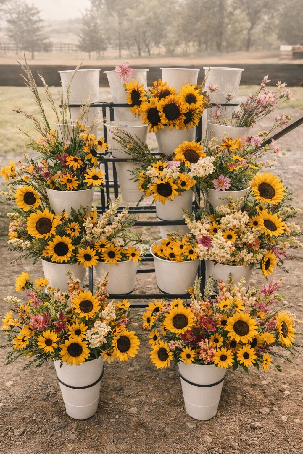 Display of yellow sunflowers and pink and white wildflowers in white buckets on a metal stand outdoors.