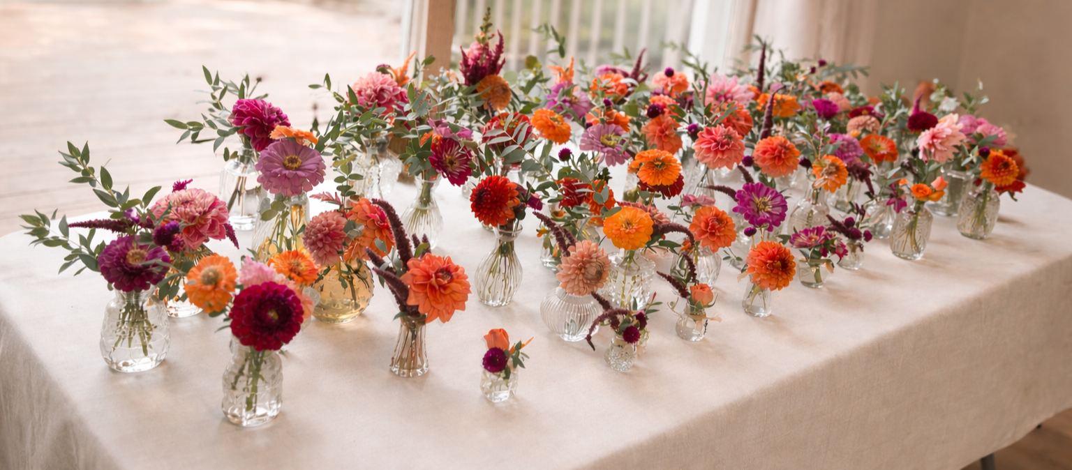 A long table with a white tablecloth, decorated with multiple small glass vases filled with colorful flowers in shades of pink, orange, purple, and red, along with green leaves.