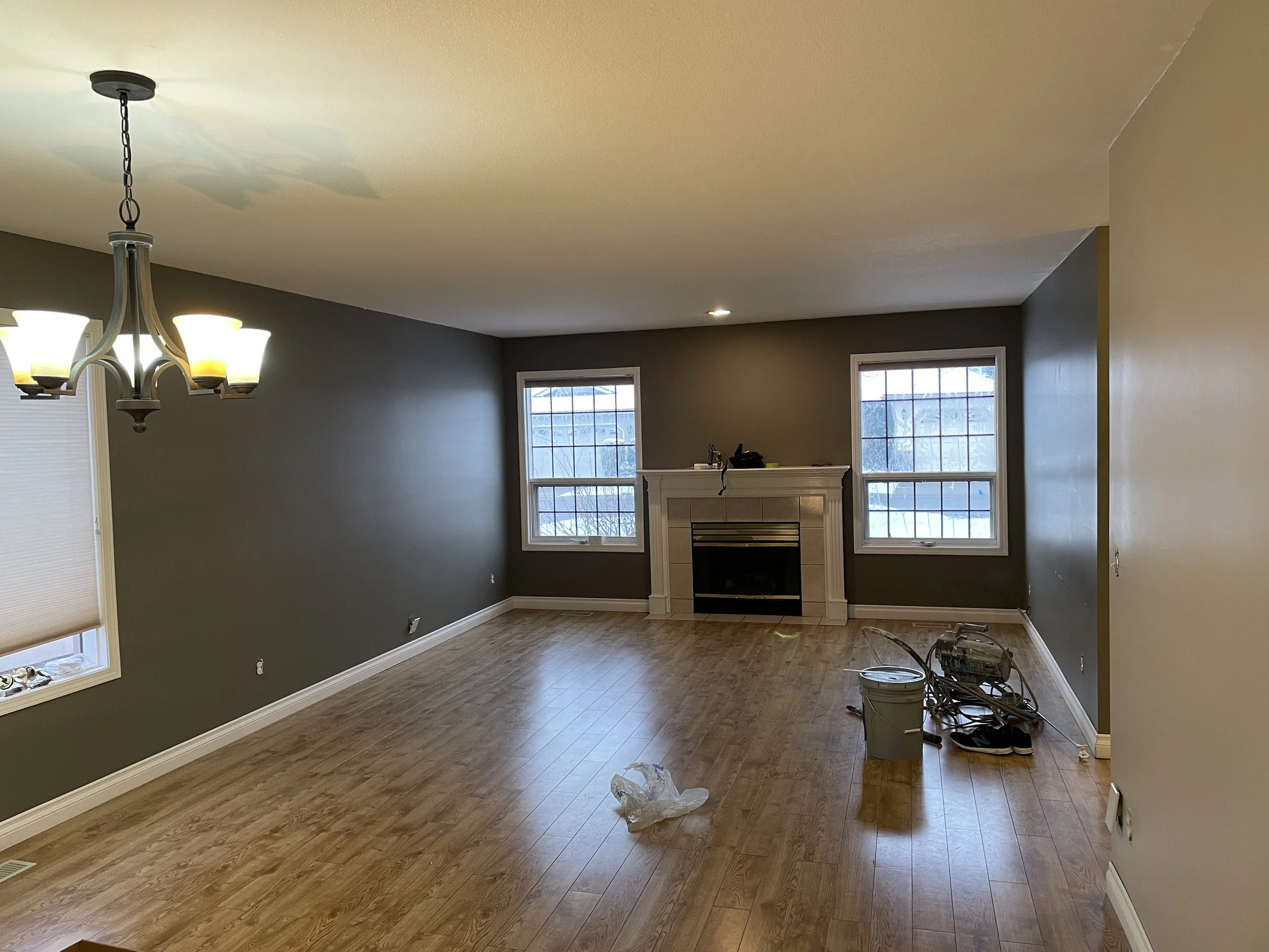 One story rancher going white.  All doors and trim painted white.  Ceilings painted as well.