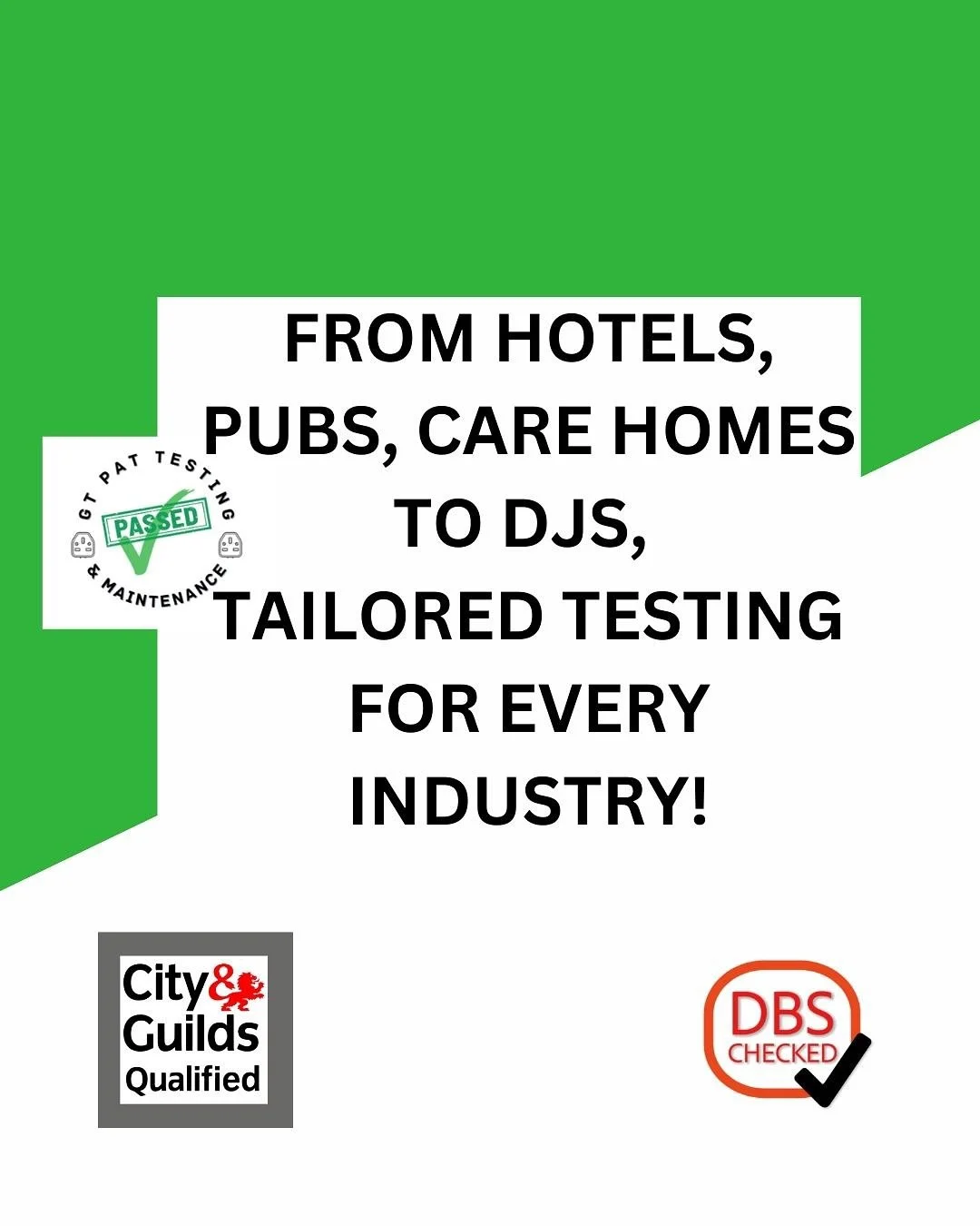 From Hotels, Pubs, Care homes to DJs, tailored testing for every industry!

Your business is unique, and your safety solutions should be too! 🔧✨ 

At GT PAT Testing, we&rsquo;ve worked with hotels, schools, laboratories, care homes, pubs, and more t
