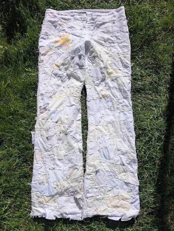 Handsewn White Patchwork Flared Pants