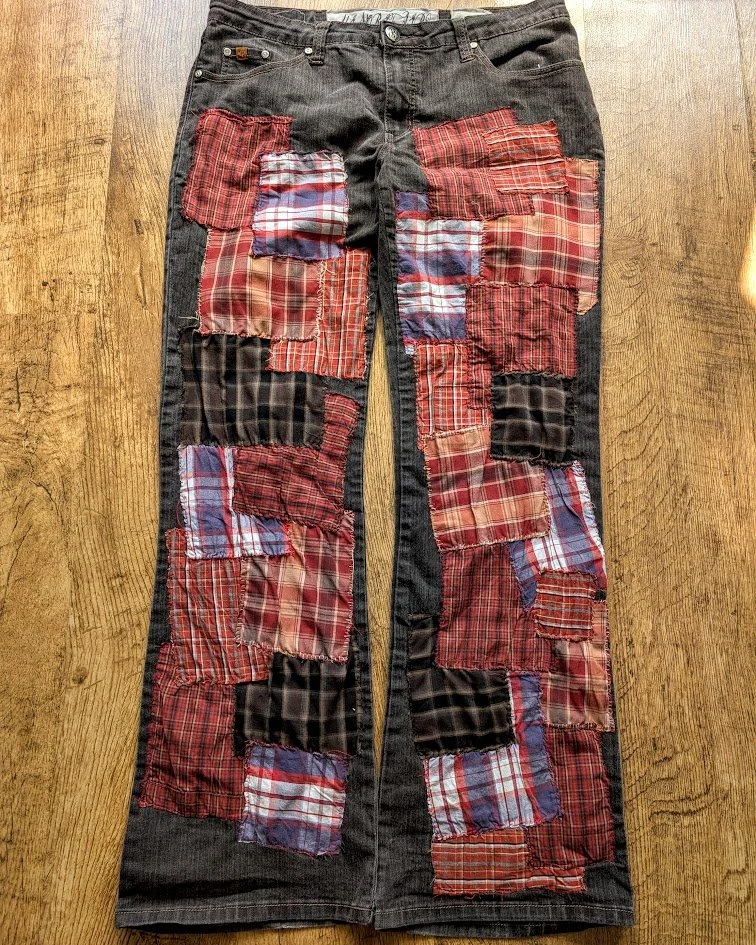 Boot Cut Plaid Patchwork Denim Jeans