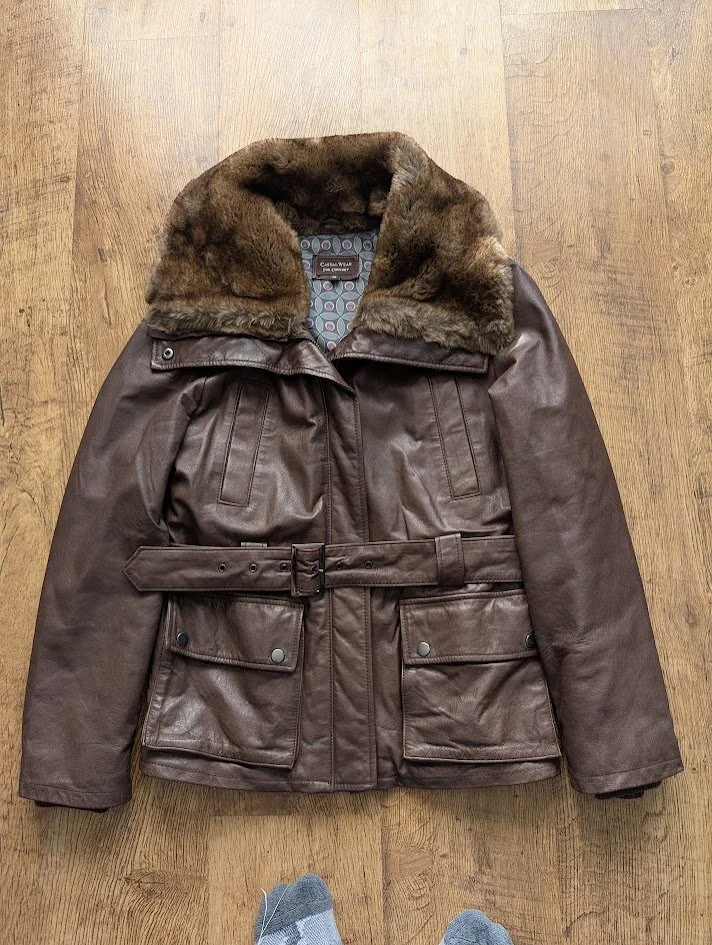 Vintage Leather Jacket With Faux Fur Neck