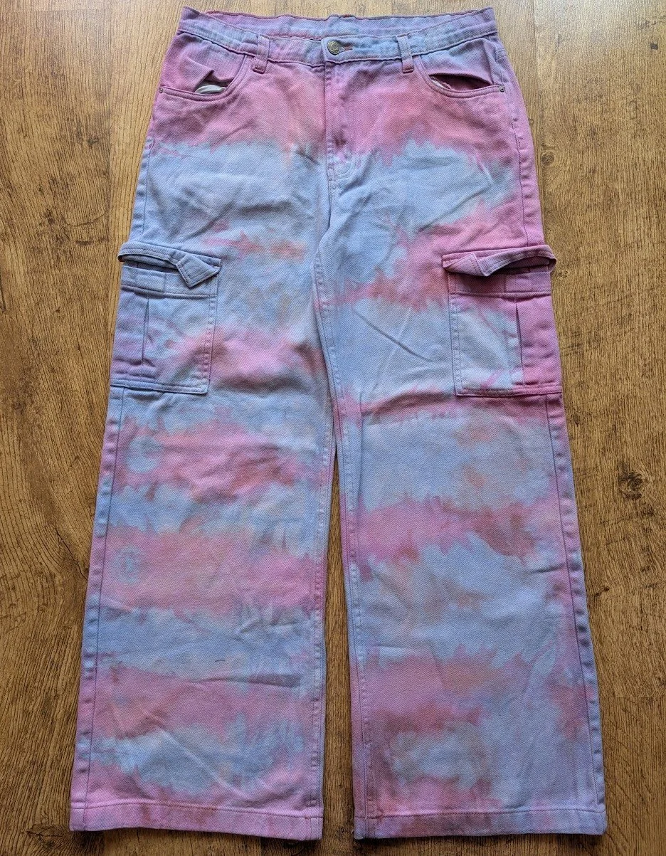Dyed And Bleached Wide Legged Pink And Blue Cargo Pants