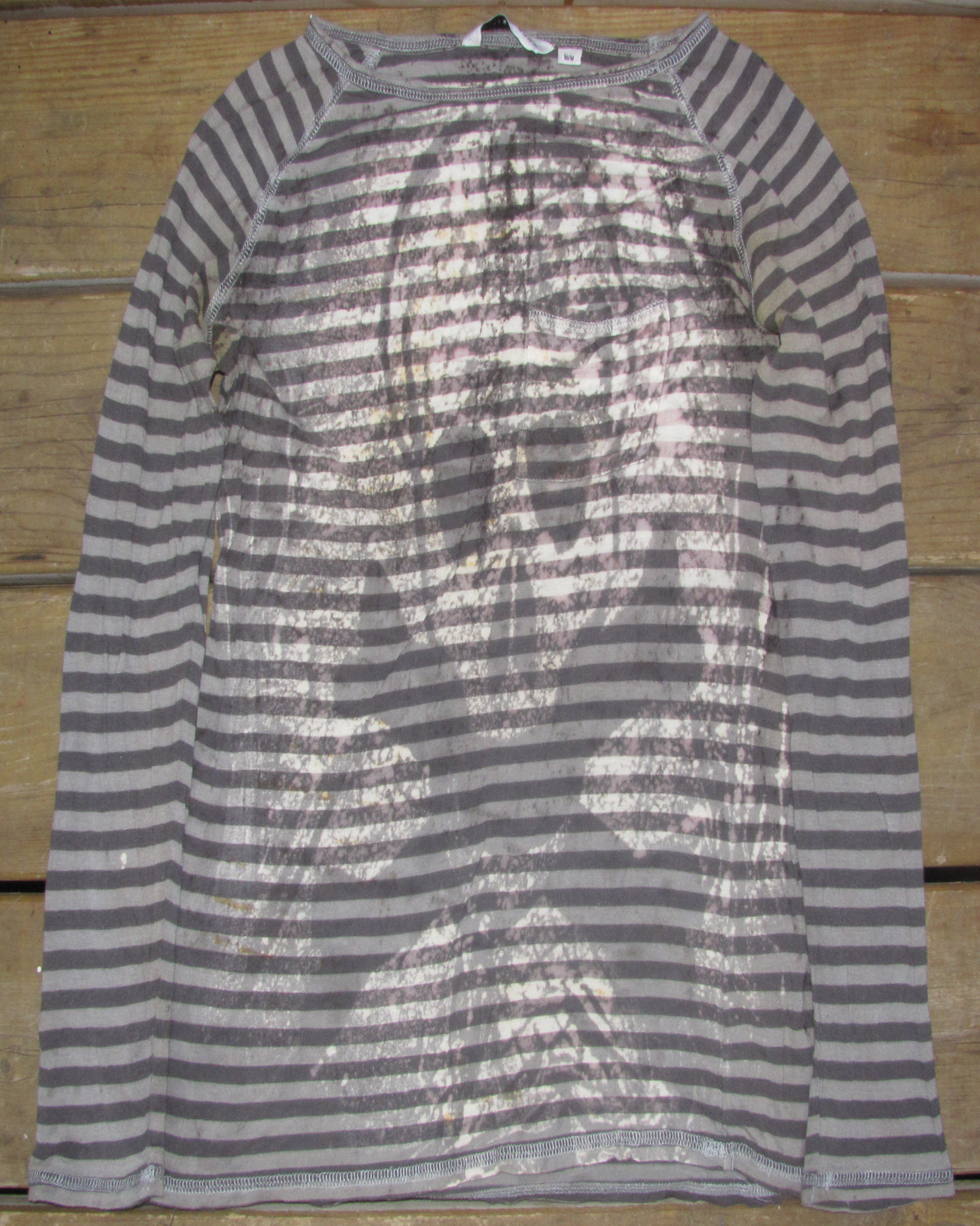 Grey Striped Skull Bleached, Leaf & Rust Dyed Long Sleeve Shirt
