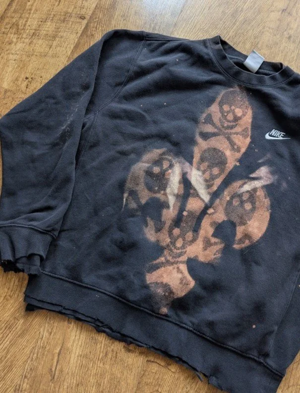 Bleached & Distressed Fleur De Lys Skull Crewneck