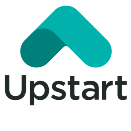 Upstart logo with teal and dark teal abstract arrow symbol and the word 'Upstart' underneath.