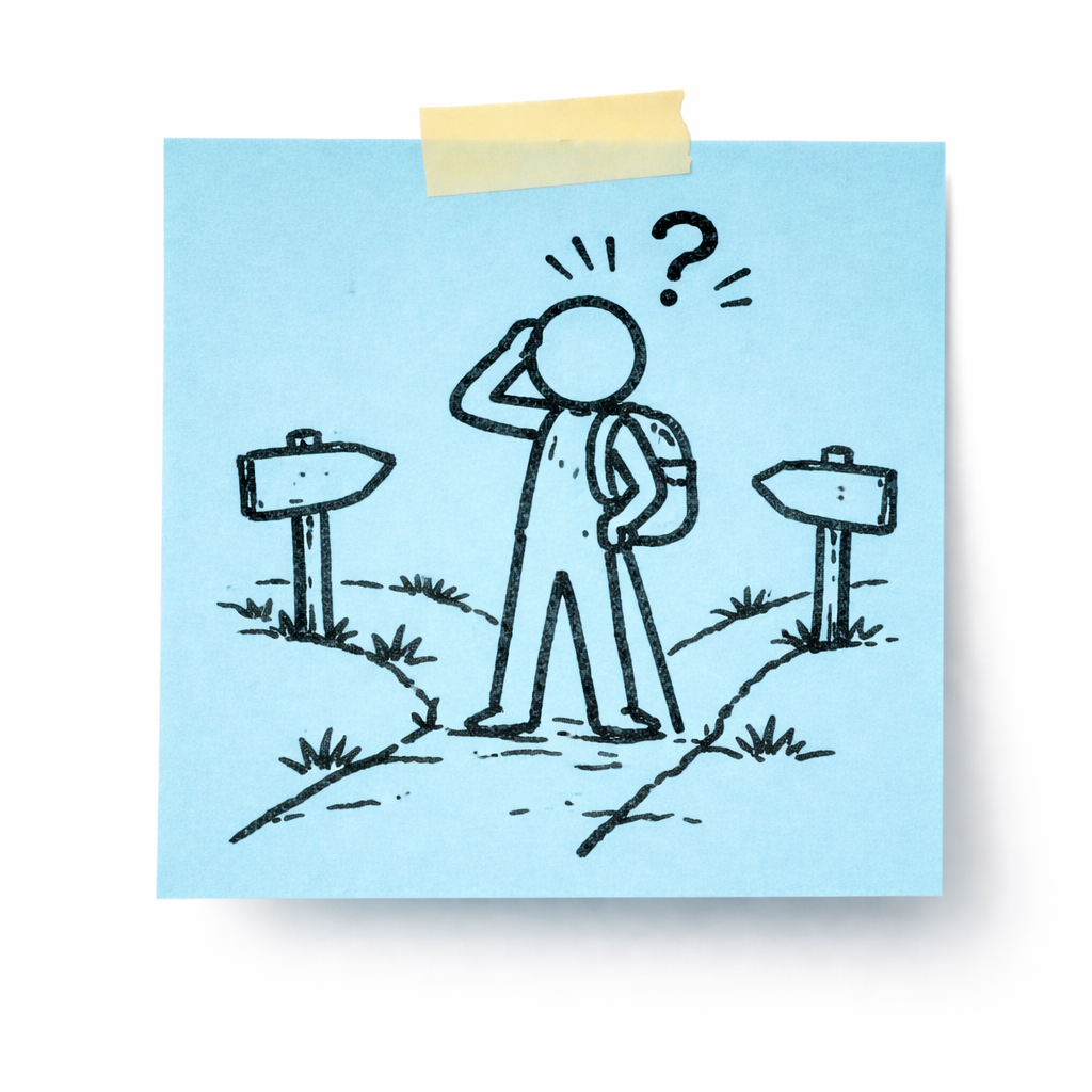 A sticky note with a drawing of a person confused by a fork in the trail