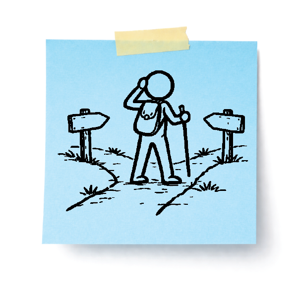A sticky note with a drawing of a person looking at a fork in the trail