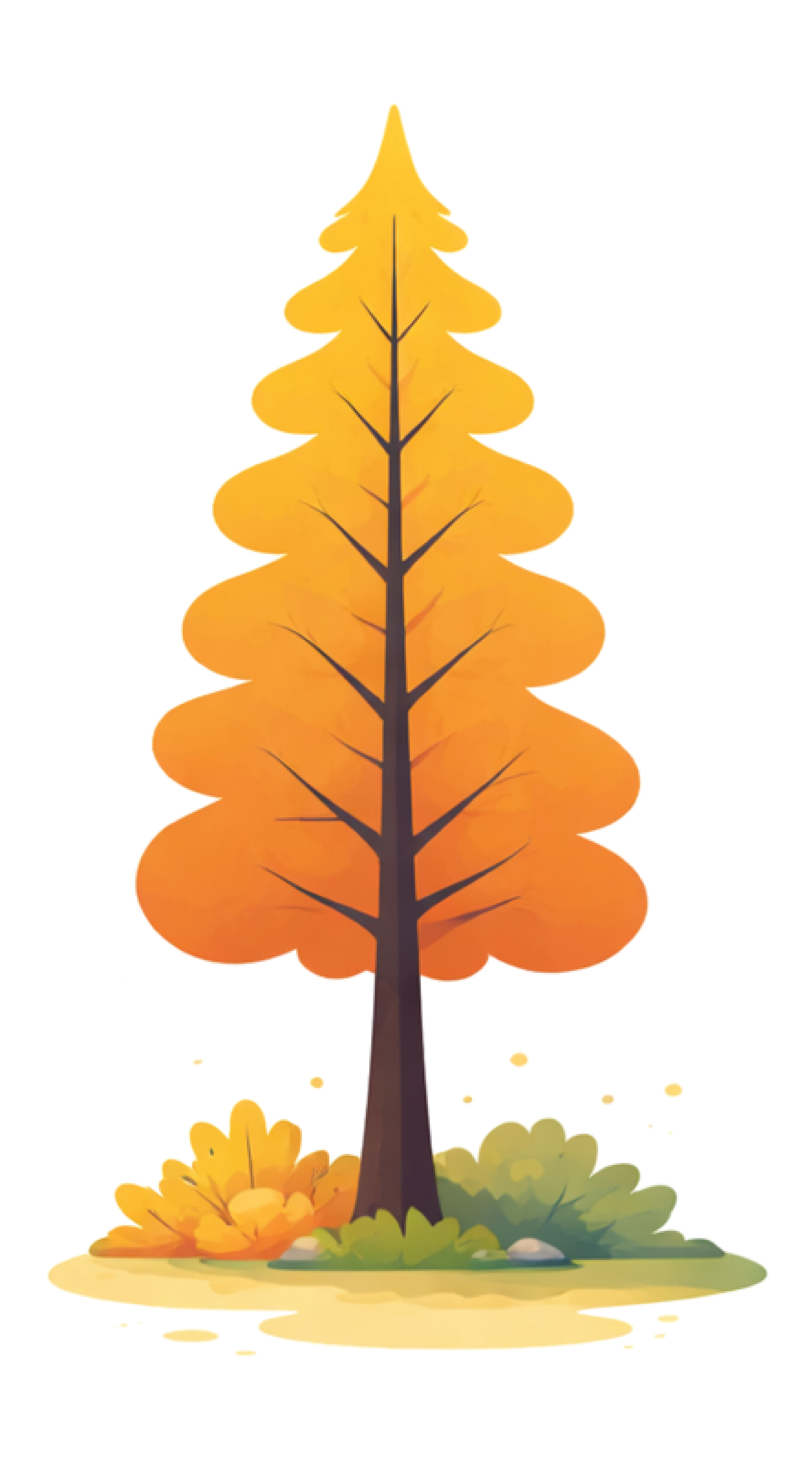 A stylized illustration of a tall, orange autumn tree with a dark trunk and sparse branches, surrounded by green and yellow bushes.
