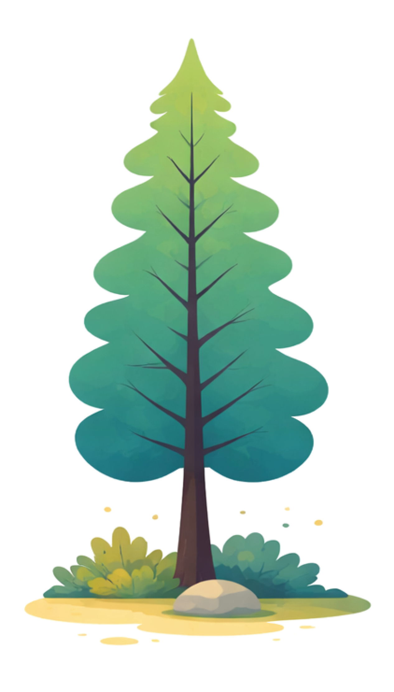 Illustration of a tall pine tree with green foliage and a brown trunk, surrounded by bushes and a rock at the base.