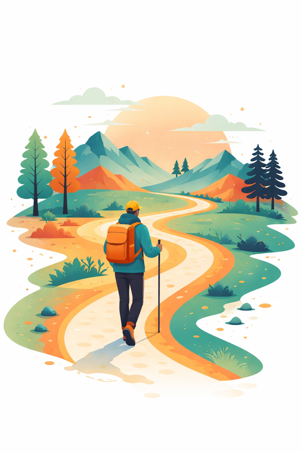 A person with a backpack, wearing a yellow cap, hiking on a winding trail through a colorful mountain landscape with trees and the sun setting or rising in the background.