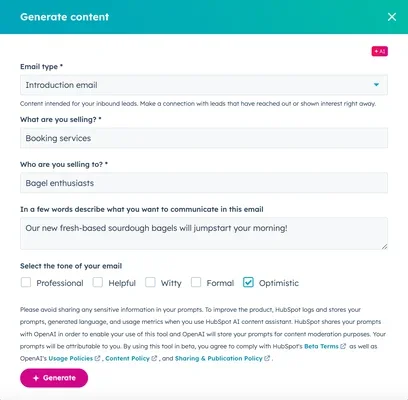 HubSpot AI email generation tool showing content type selection and tone settings