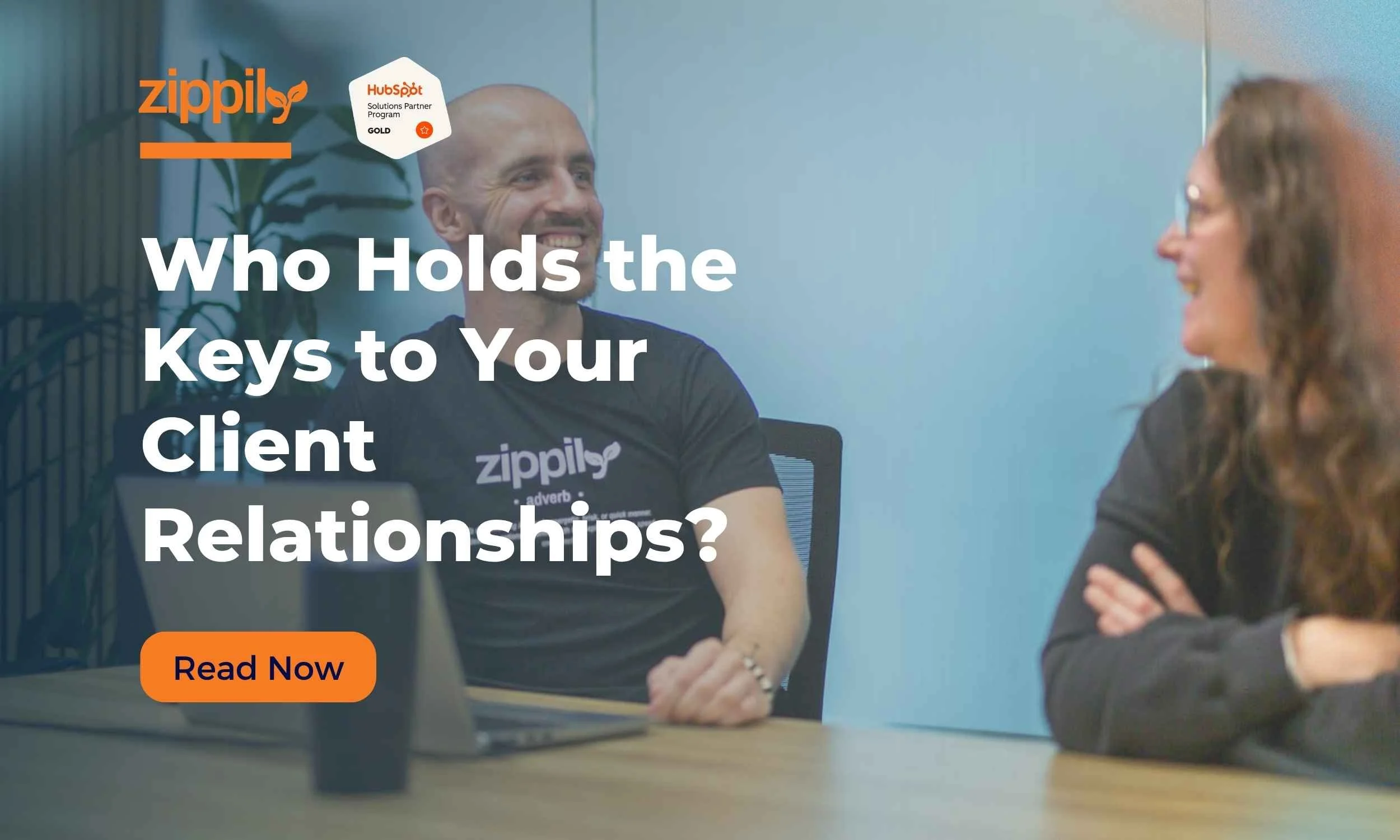 Zippily HubSpot Partner blog cover showing two professionals in a client relationship discussion, financial services CRM guide for NZ businesses