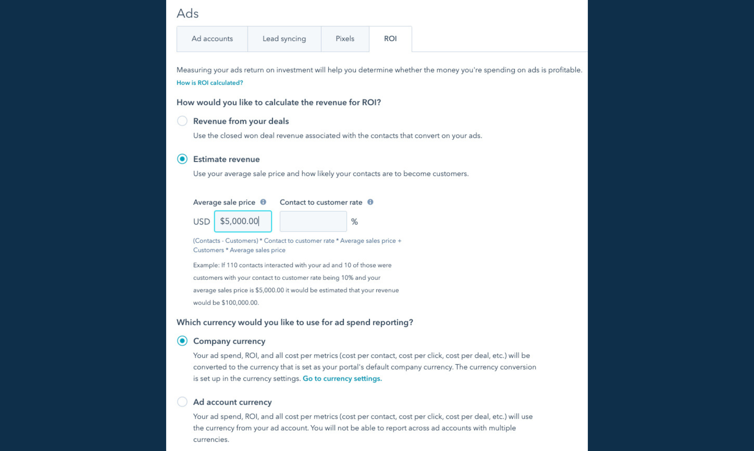 HubSpot campaign ROI settings showing revenue tracking and cost attribution to measure lead quality, conversions, and marketing performance