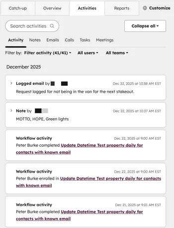 HubSpot contact record Activities tab showing improved timeline with workflow activity email logs and overdue task filtering