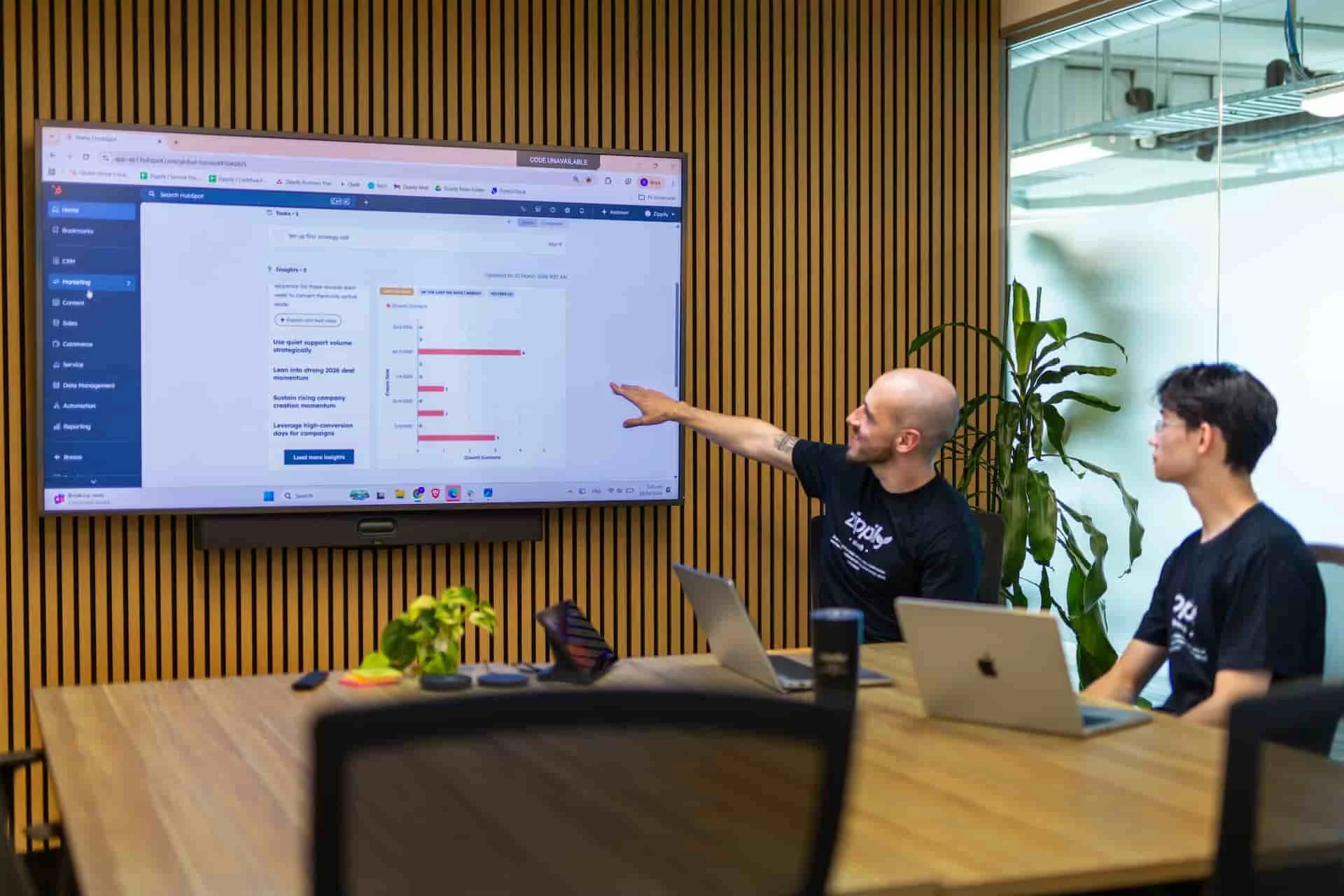 Zippily team reviewing a HubSpot CRM dashboard on a large screen