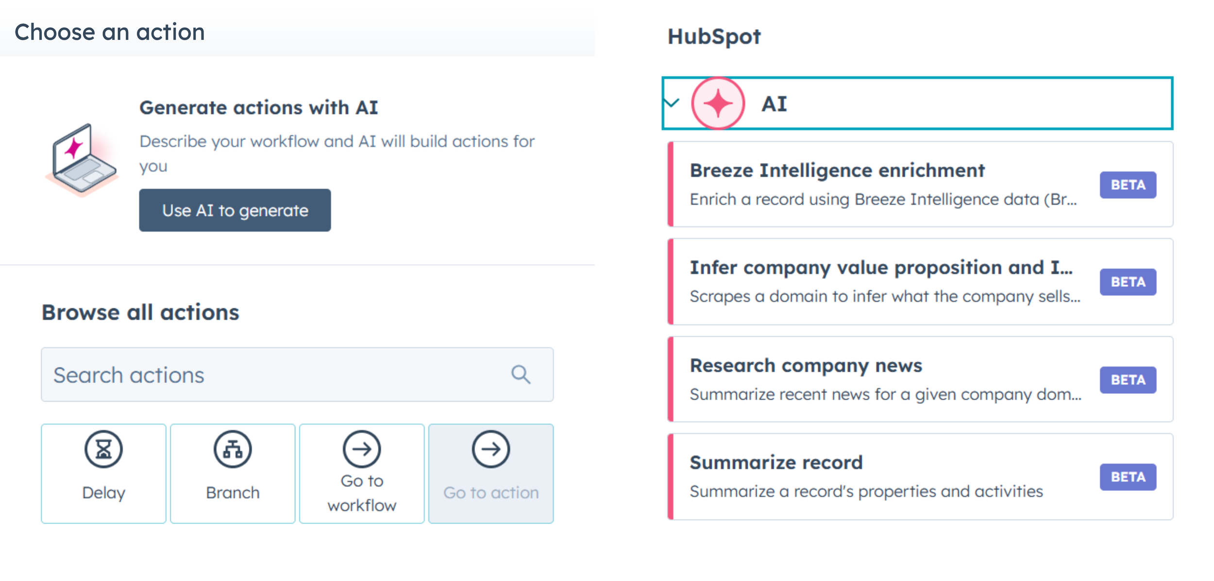 HubSpot workflow AI actions interface showing automation tools used by NZ businesses to streamline CRM and marketing processes