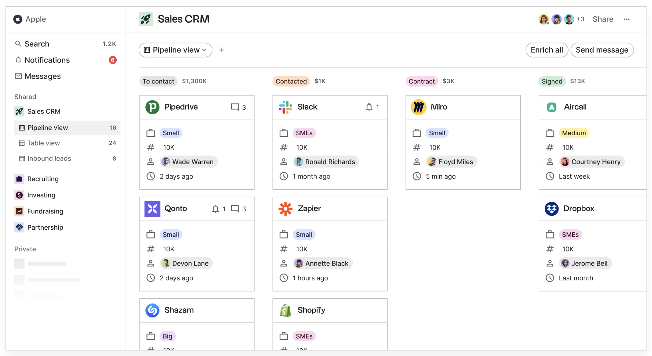 Folk CRM dashboard showing a visual sales pipeline with deals and contacts, designed for simple and intuitive customer relationship management