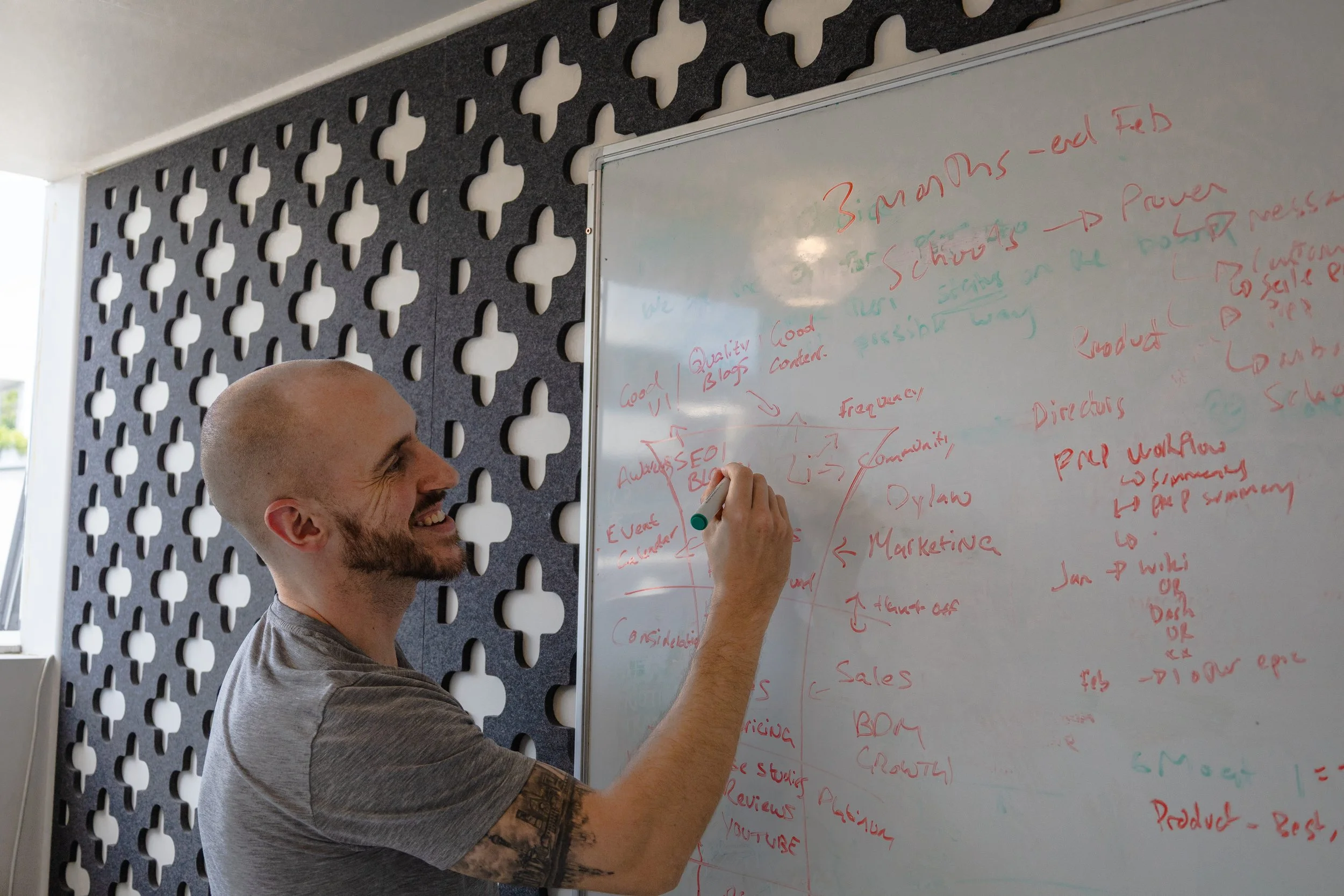 Founder writing on a whiteboard mapping CRM strategy and business processes, representing structured operations and workflow planning.