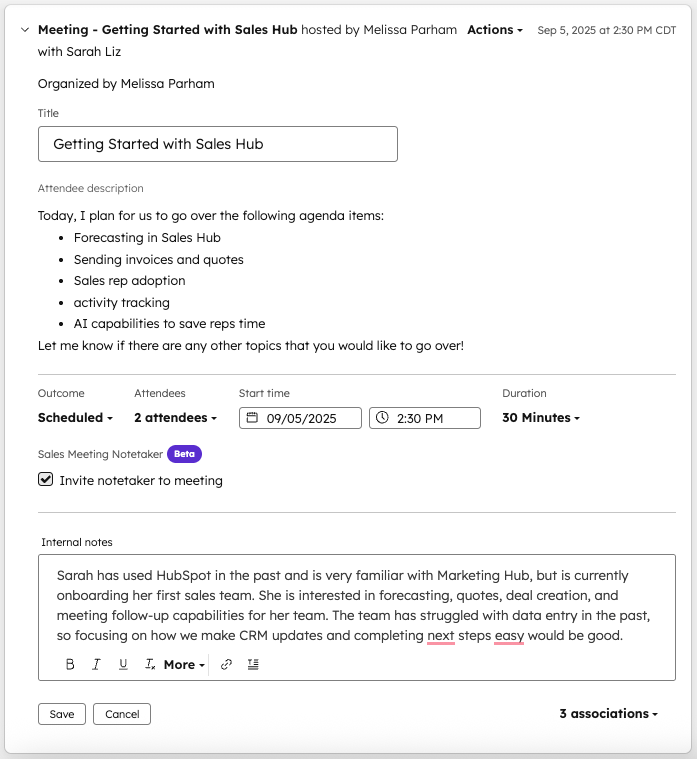 HubSpot AI meeting notetaker capturing agenda, notes, and meeting details inside the CRM platform