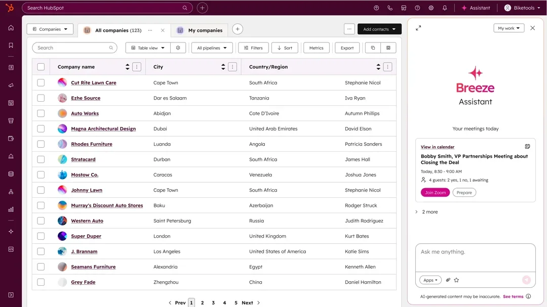 HubSpot Breeze AI assistant showing prospecting contacts and meeting suggestions