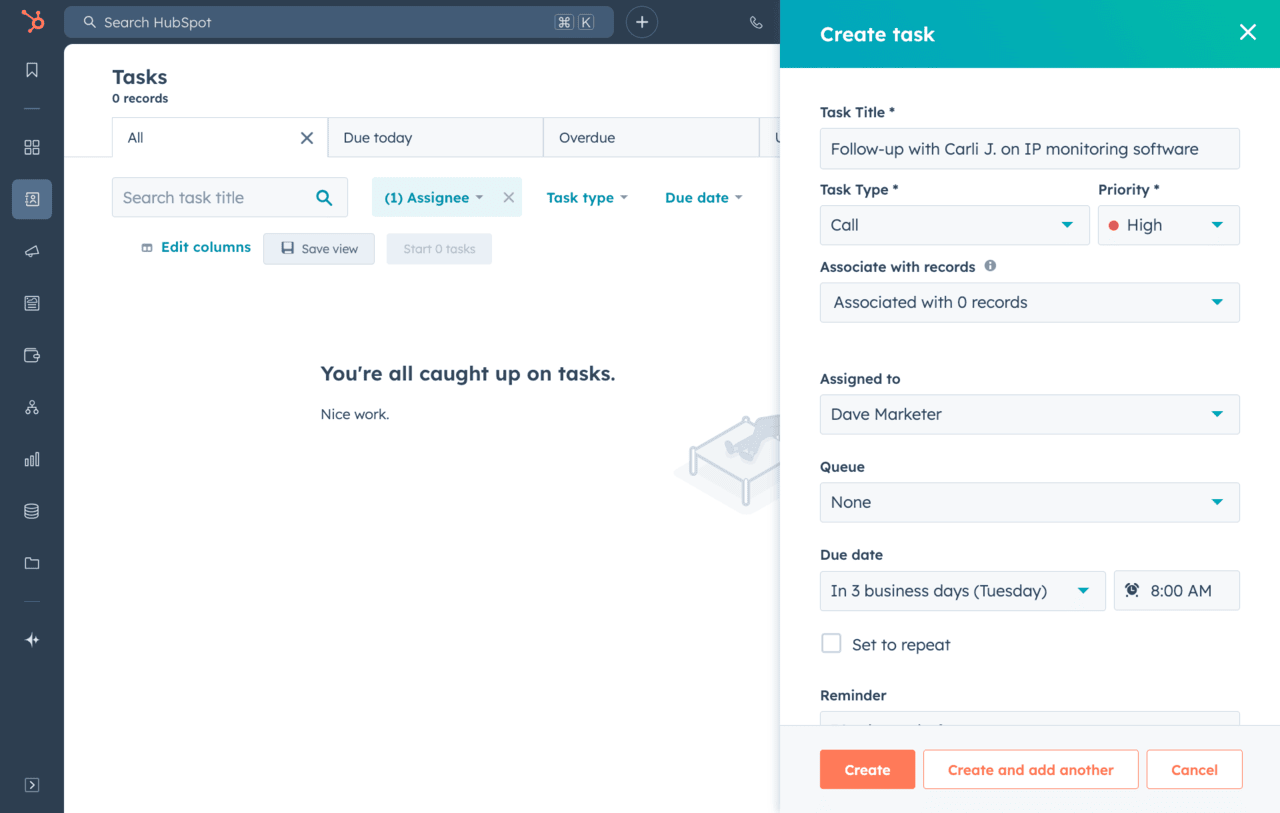 HubSpot tasks view showing automated follow-up reminders so deals don't go quiet