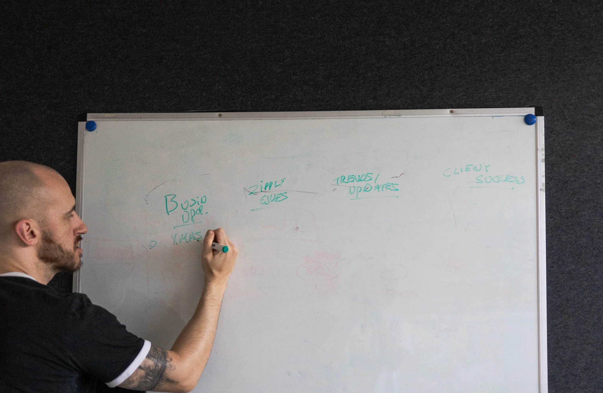 Marketer planning an email automation strategy and mapping workflows on a whiteboard