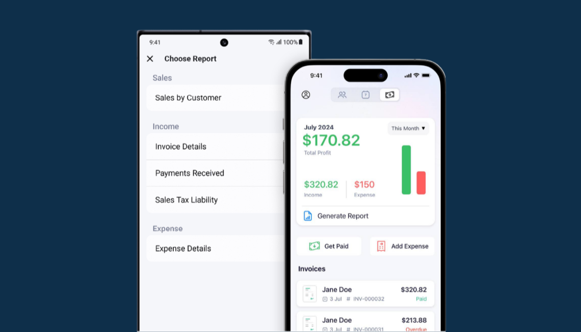 Zoho CRM mobile app dashboard showing invoicing, sales reports, and payments for small business owners