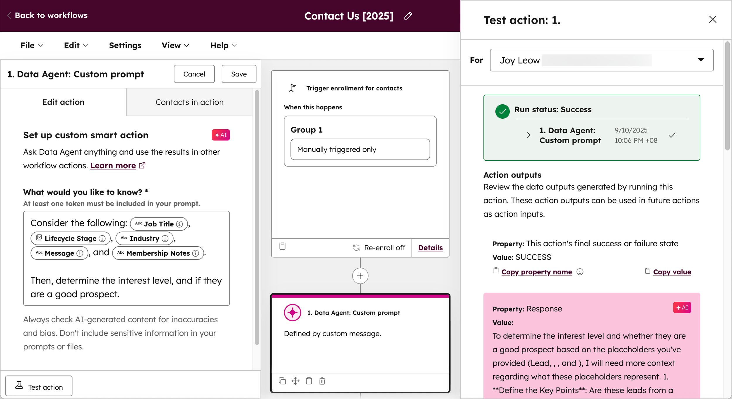 HubSpot workflow automation builder showing custom smart action and data agent configuration