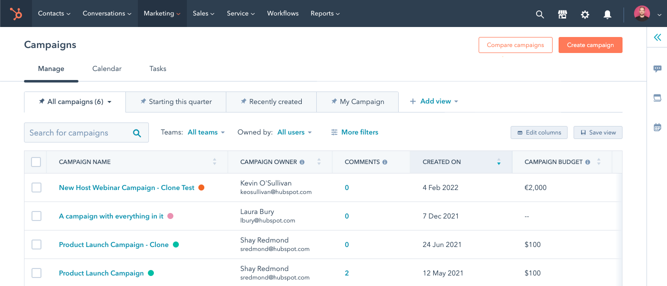 HubSpot CRM campaign dashboard showing organised marketing data, representing structured processes and improved business visibility