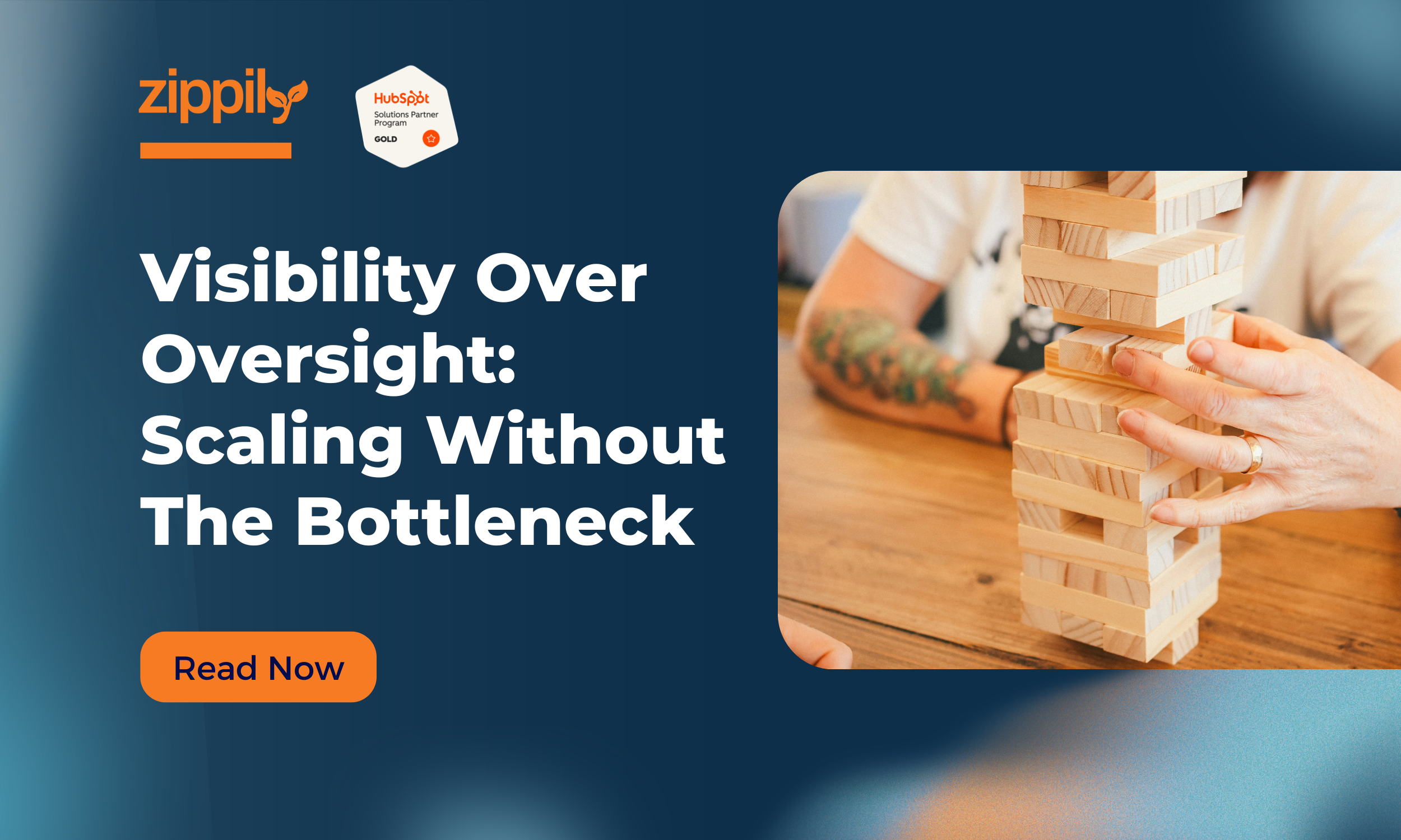 People stacking a wooden block tower, representing business growth and the risk of bottlenecks when scaling without clear structure