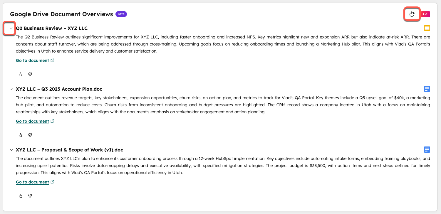 HubSpot Google Drive integration showing AI-powered document summaries connected to CRM records for NZ businesses
