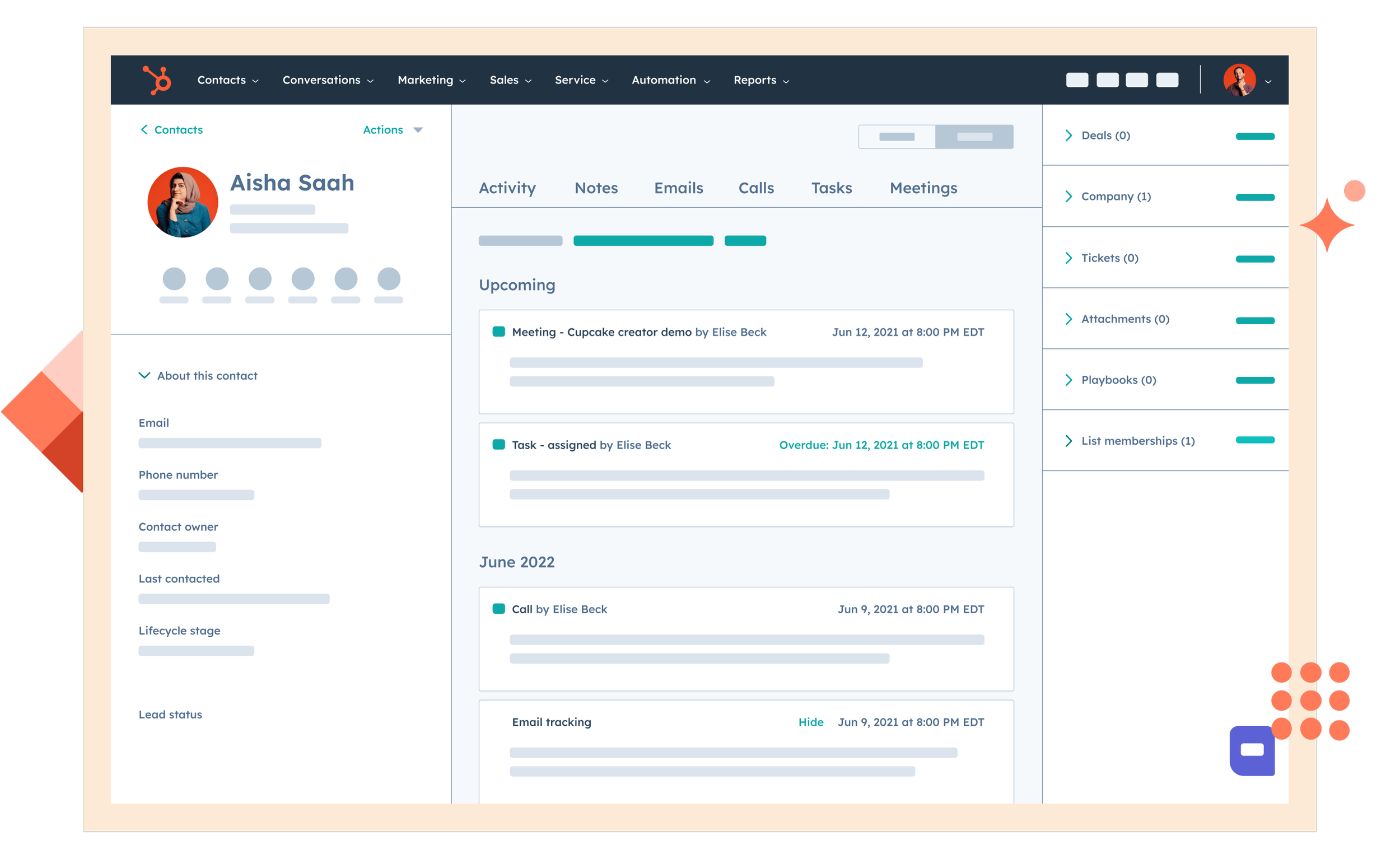 HubSpot CRM contact record showing activity timeline, lifecycle stage, and pipeline reporting dashboard
