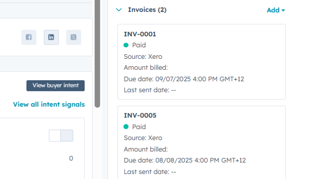 HubSpot Xero integration showing synced invoice data inside a HubSpot contact record including paid invoices and due dates