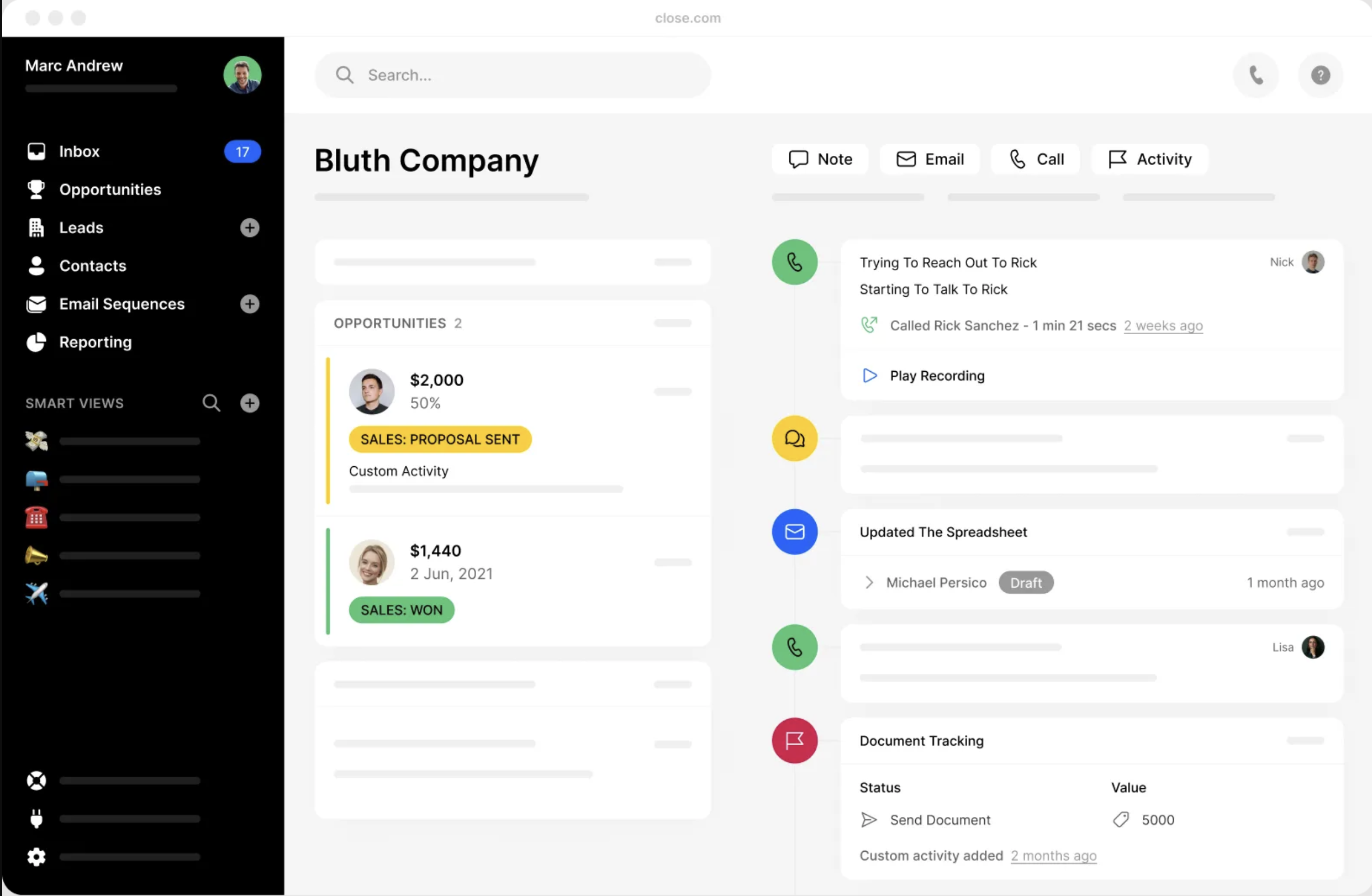 Close CRM interface showing sales pipeline, contact details, and activity tracking including calls and emails for managing deals and outreach