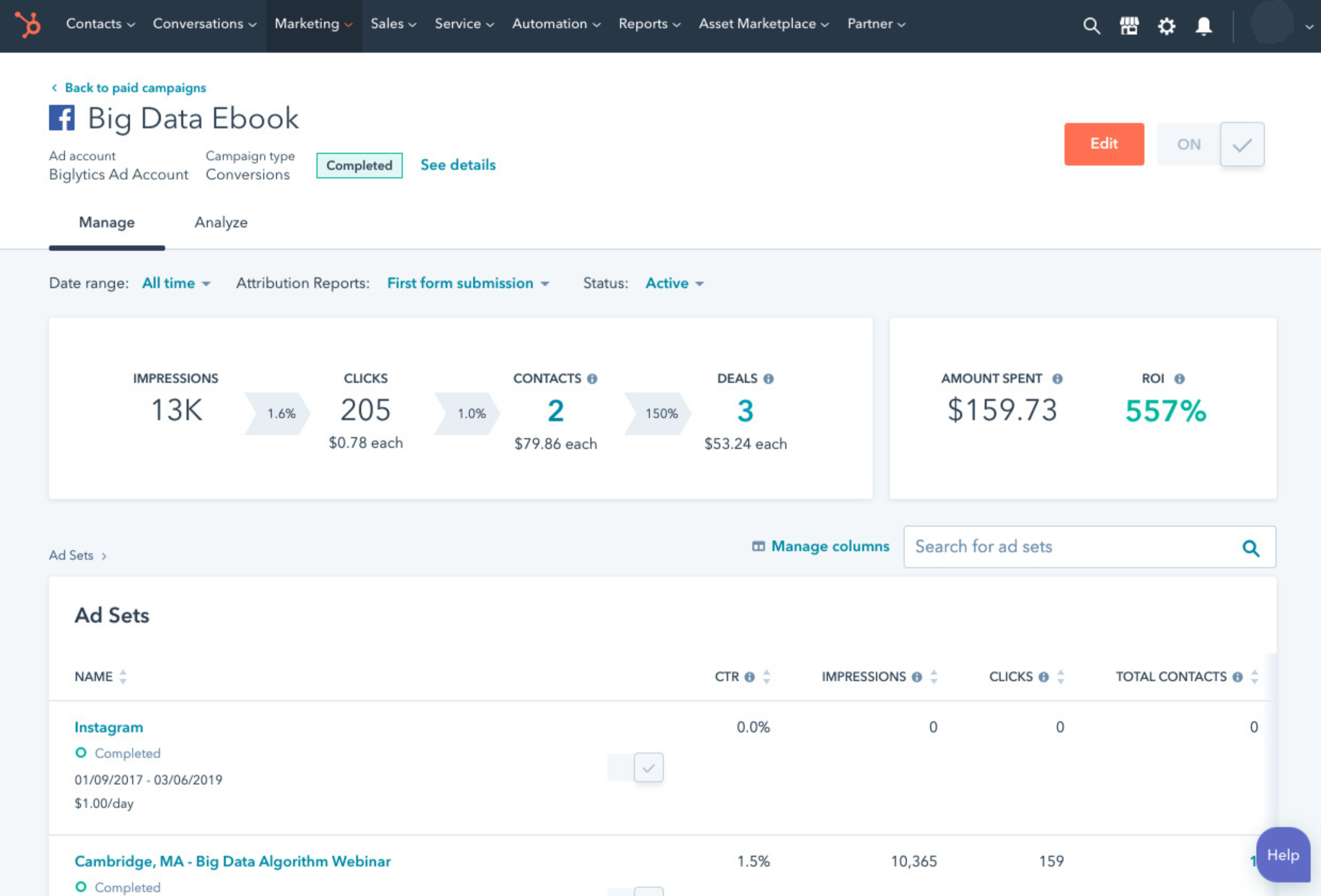 HubSpot dashboard showing performance data, contacts, deals, and ROI to track marketing revenue and prove results