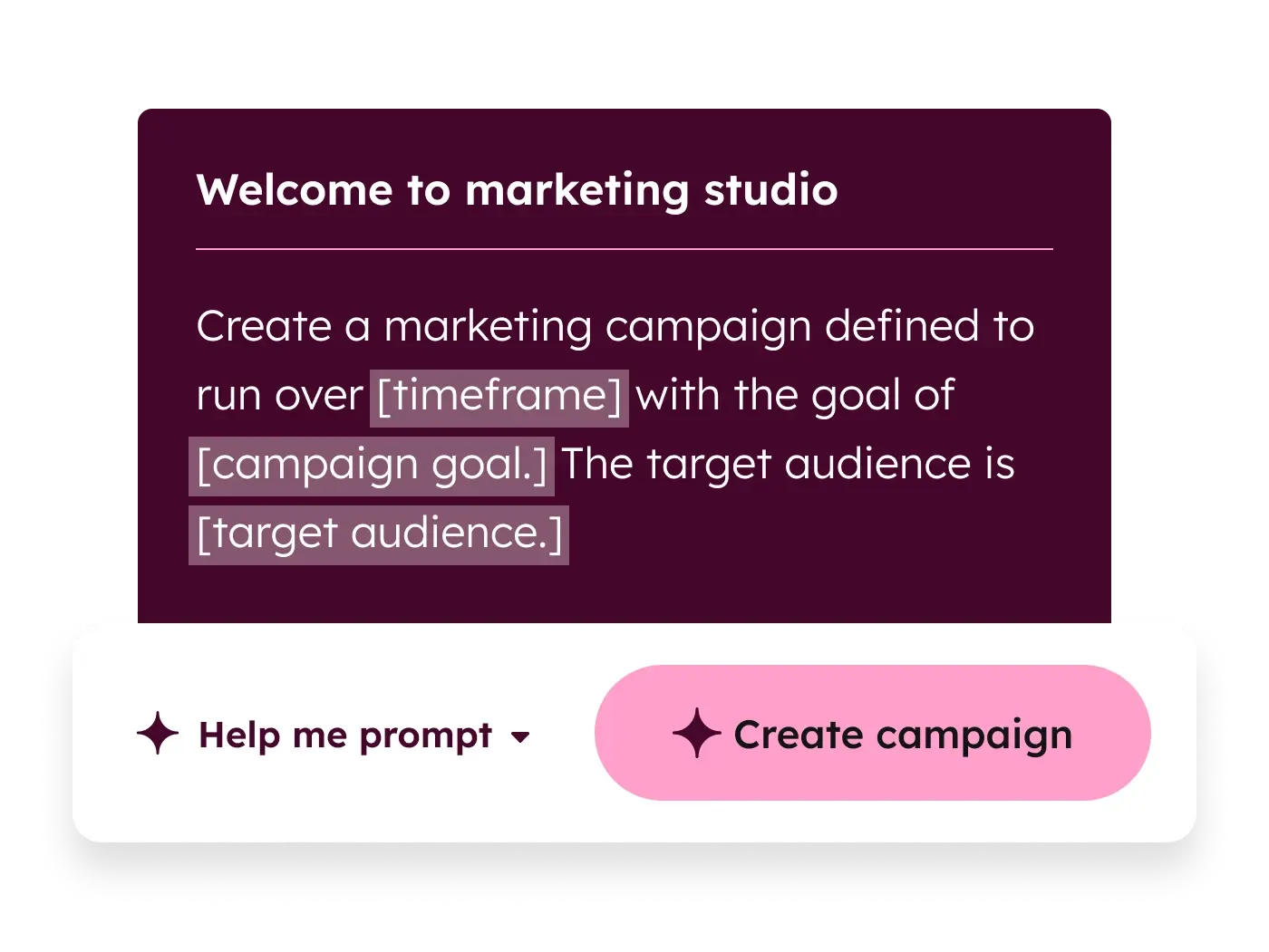 HubSpot Marketing Studio AI tool creating a marketing campaign with prompts, targeting, and campaign goals inside CRM