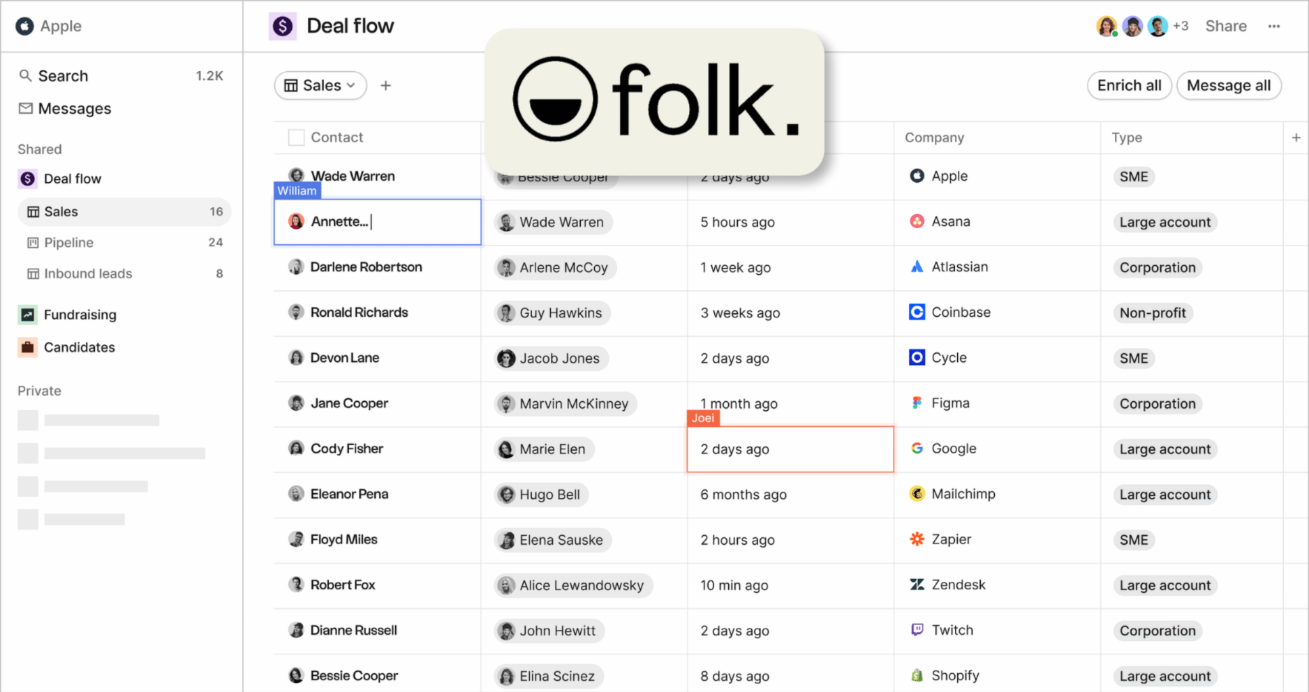 Folk CRM deal flow and contact list view — used by Zippily for founder and small team CRM setup in New Zealand