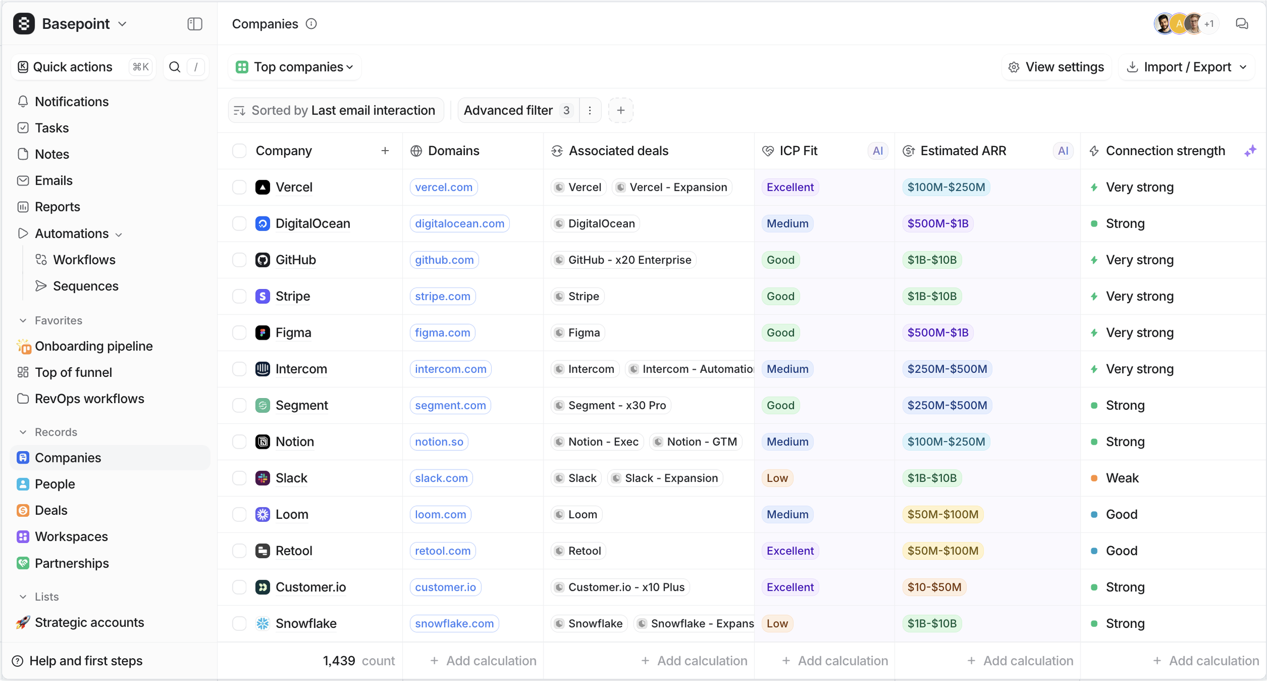 Attio CRM company list view showing contacts, deals, and sales pipeline data for managing customer relationships and tracking opportunities